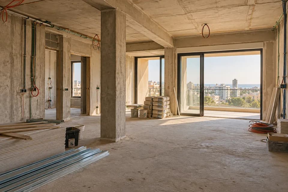 המחשה של פנים דירה בשיפוץ עם קירות בטון ותשתיות חשופות