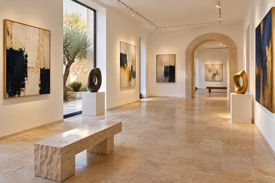 המחשה של גלריה עם יצירות אמנות ופסלים