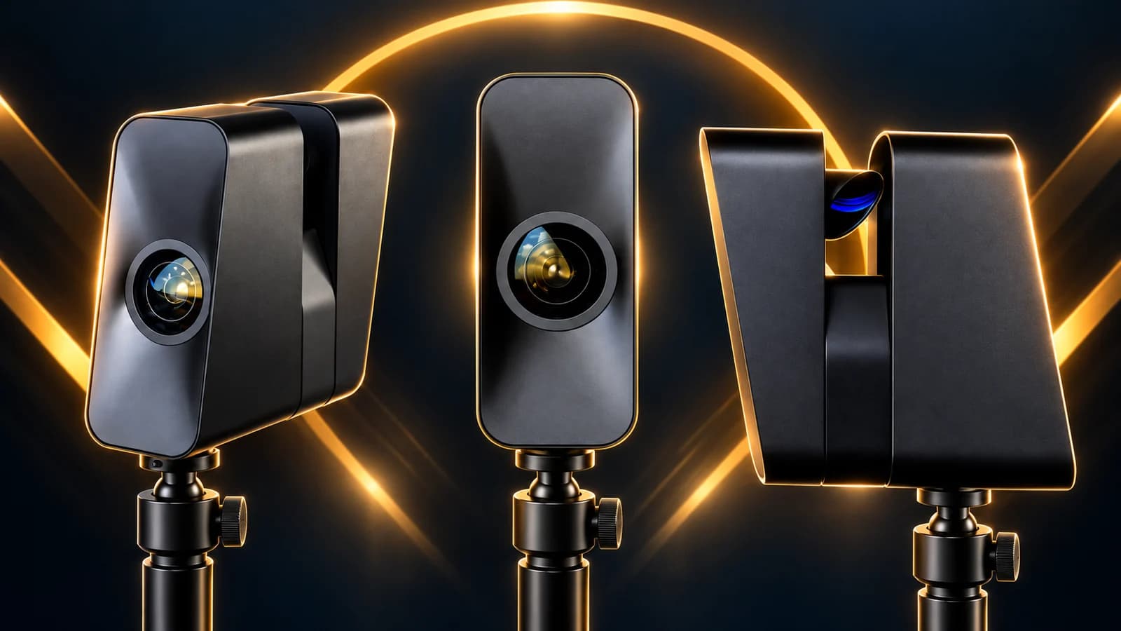 שלוש זוויות של מצלמת Matterport Pro3 בתאורה זהובה
